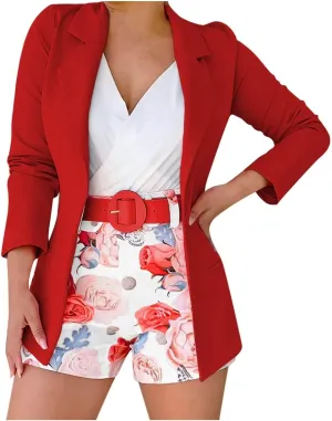 Blazer Sets Women 3 Piece Outfits Long Sleeve Open Front Blazer Jacket Floral Print Short Pants with Belt Work Office Suit
