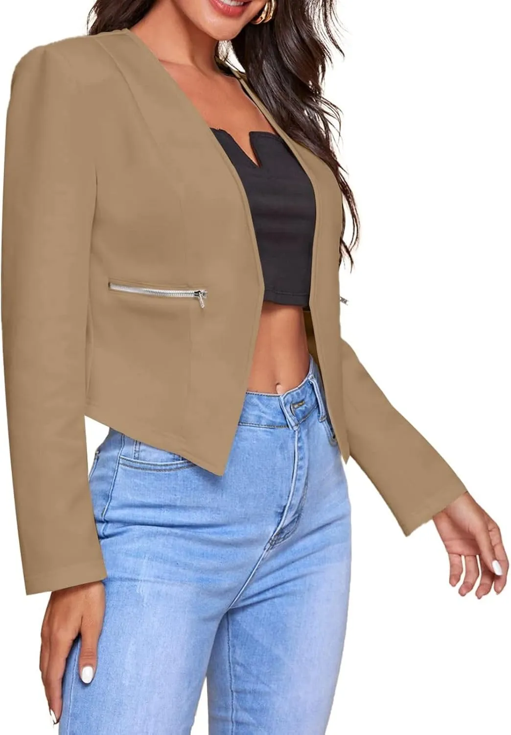 Blazers for Women Bussiness Casual Cropped Open Front Blazer Jacket Long Sleeves Dressy Work Suite Jackets with Pockets