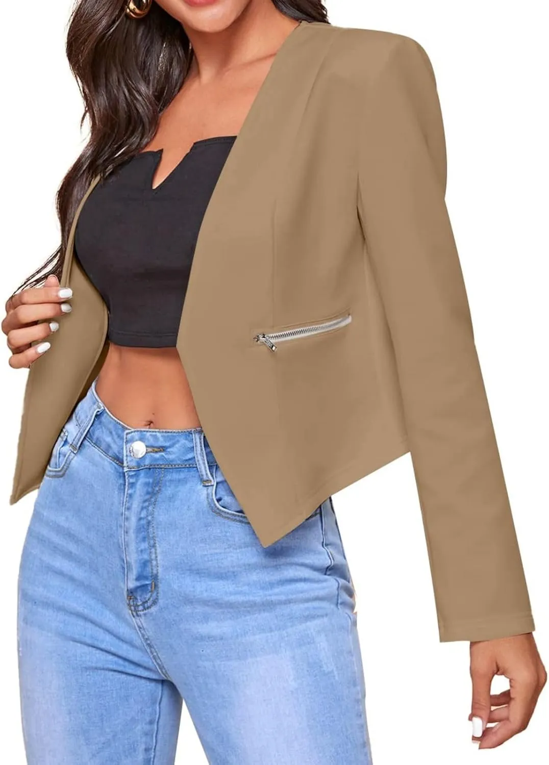 Blazers for Women Bussiness Casual Cropped Open Front Blazer Jacket Long Sleeves Dressy Work Suite Jackets with Pockets
