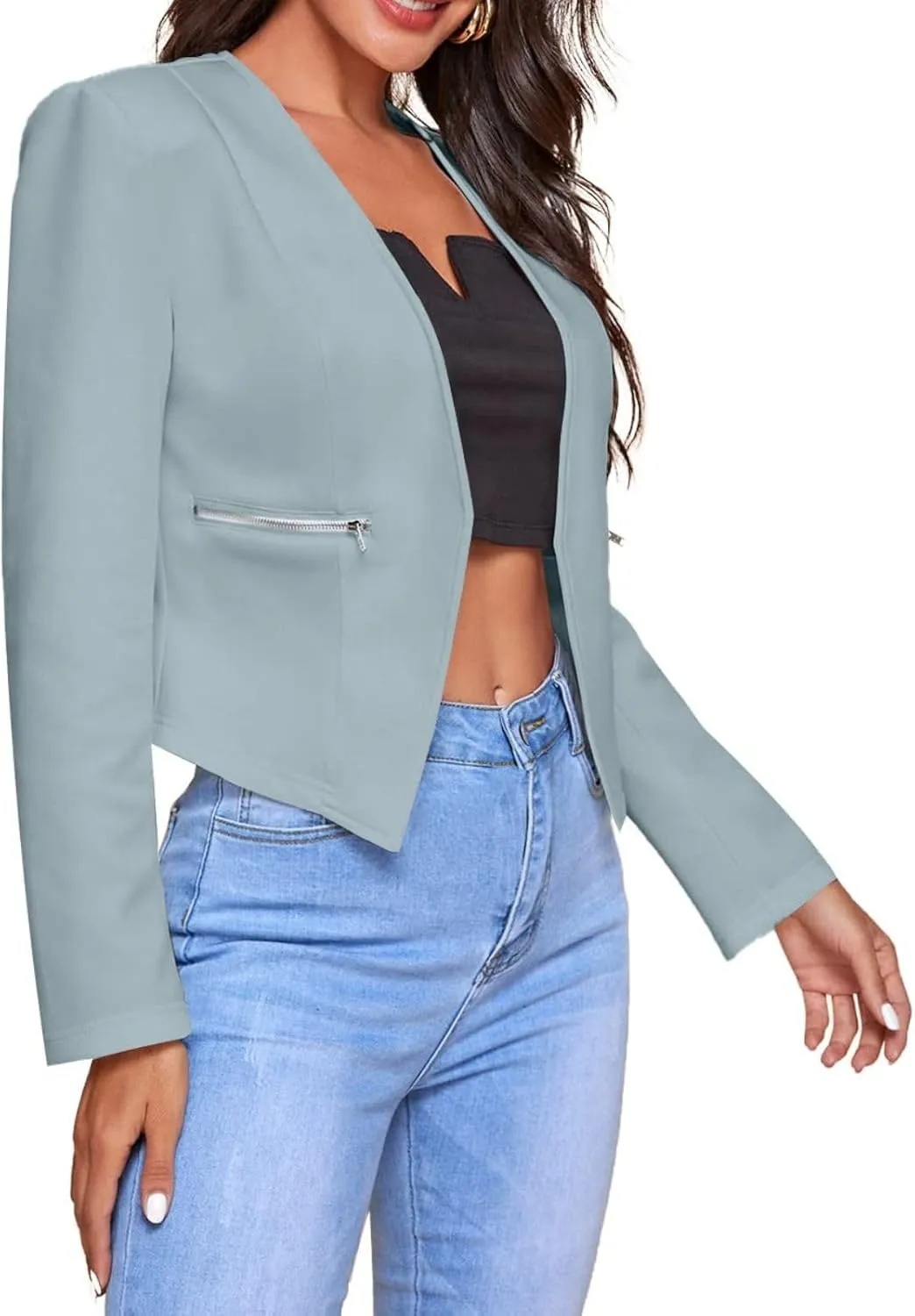 Blazers for Women Bussiness Casual Cropped Open Front Blazer Jacket Long Sleeves Dressy Work Suite Jackets with Pockets