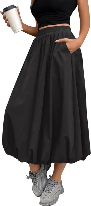 Bubble Skirt Women Trendy Casual Loose Elastic Waist Puffy Flowy Skirt Pleated Midi Skirt Cute Ruffle Long Skirt
