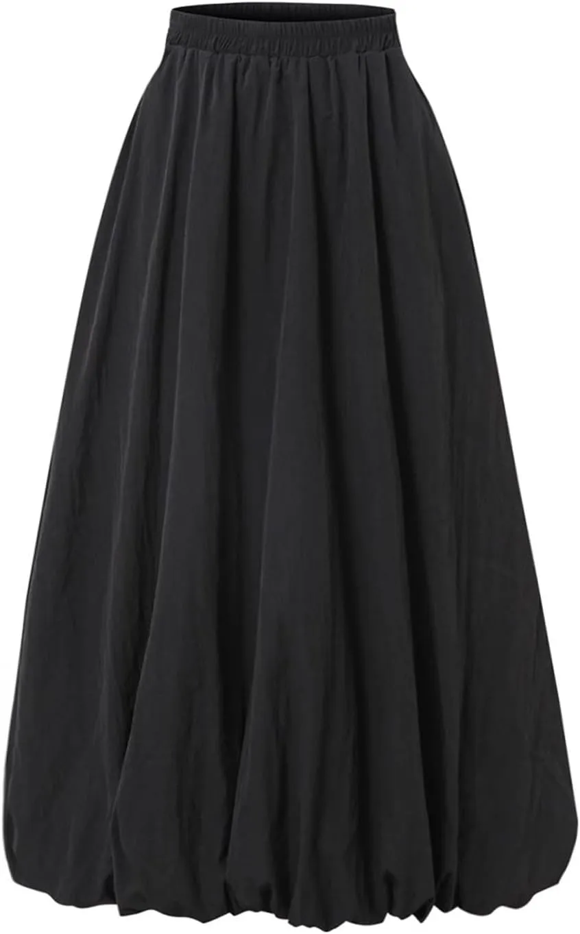 Bubble Skirt Women Trendy Casual Loose Elastic Waist Puffy Flowy Skirt Pleated Midi Skirt Cute Ruffle Long Skirt