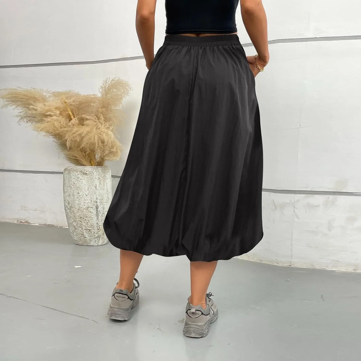 Bubble Skirt Women Trendy Casual Loose Elastic Waist Puffy Flowy Skirt Pleated Midi Skirt Cute Ruffle Long Skirt