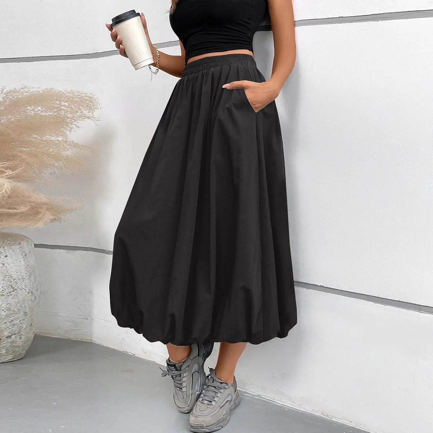 Bubble Skirt Women Trendy Casual Loose Elastic Waist Puffy Flowy Skirt Pleated Midi Skirt Cute Ruffle Long Skirt