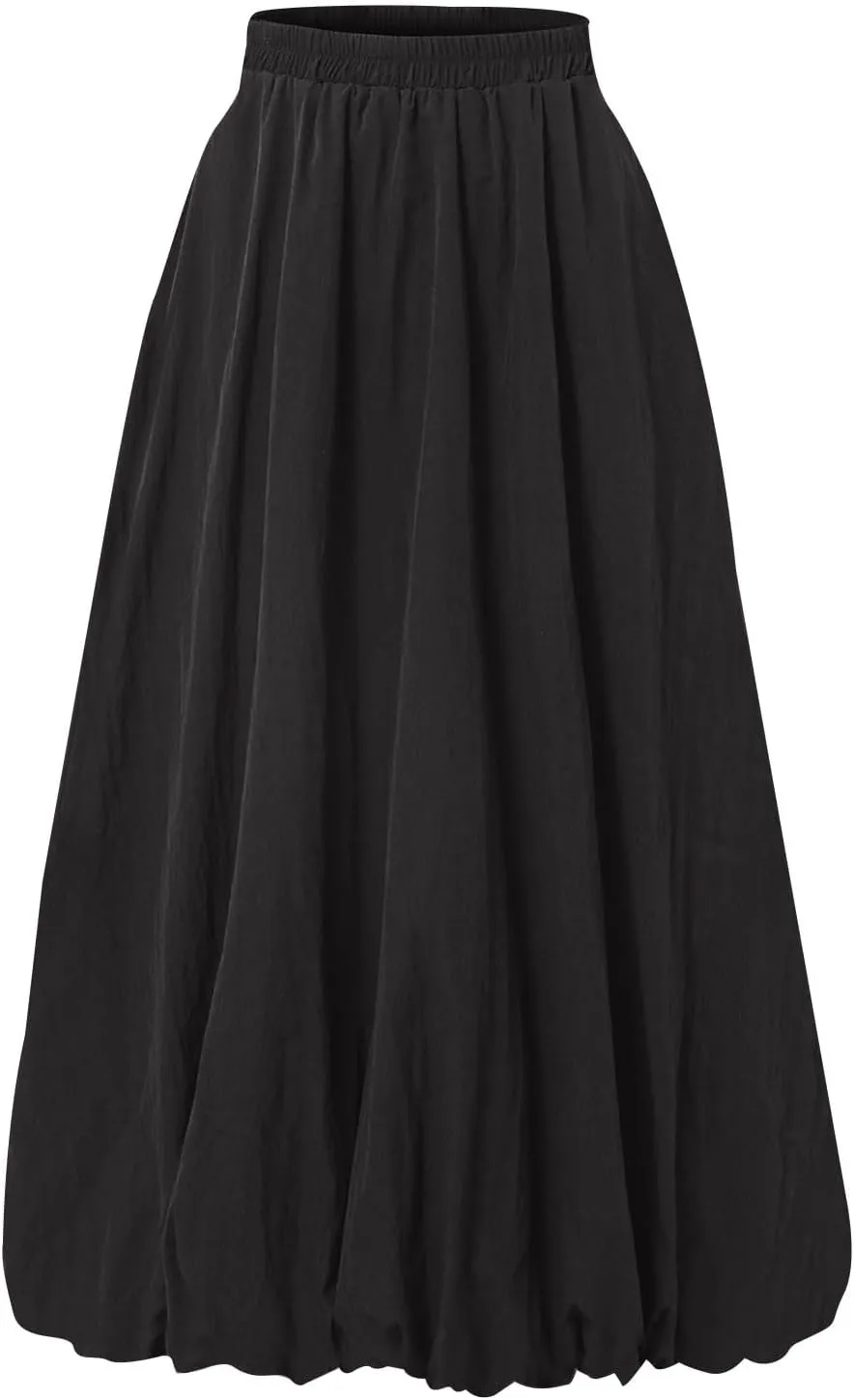 Bubble Skirt Women Trendy Casual Loose Elastic Waist Puffy Flowy Skirt Pleated Midi Skirt Cute Ruffle Long Skirt