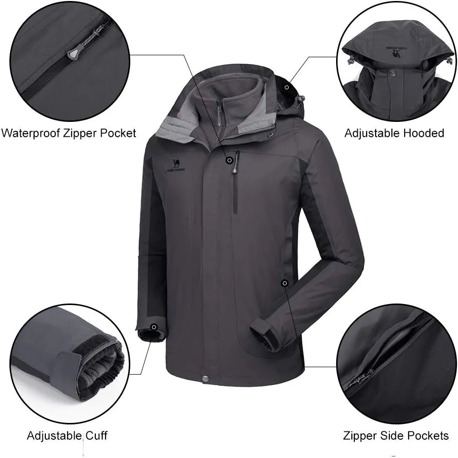 CAMEL CROWN Men's Ski Jacket 3 in 1 Waterproof Winter Jacket Snow Jacket Windproof Hooded with Inner Warm Fleece Coat