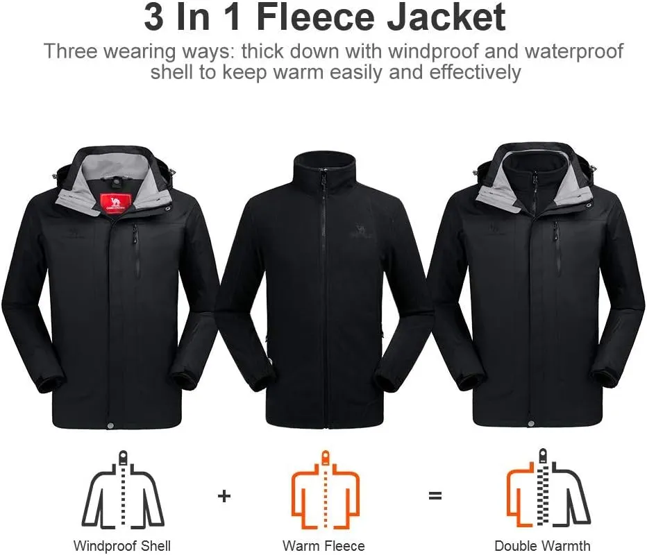 CAMEL CROWN Men's Ski Jacket 3 in 1 Waterproof Winter Jacket Snow Jacket Windproof Hooded with Inner Warm Fleece Coat