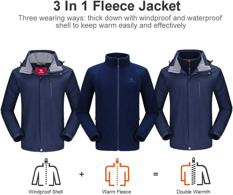 CAMEL CROWN Men's Ski Jacket 3 in 1 Waterproof Winter Jacket Snow Jacket Windproof Hooded with Inner Warm Fleece Coat
