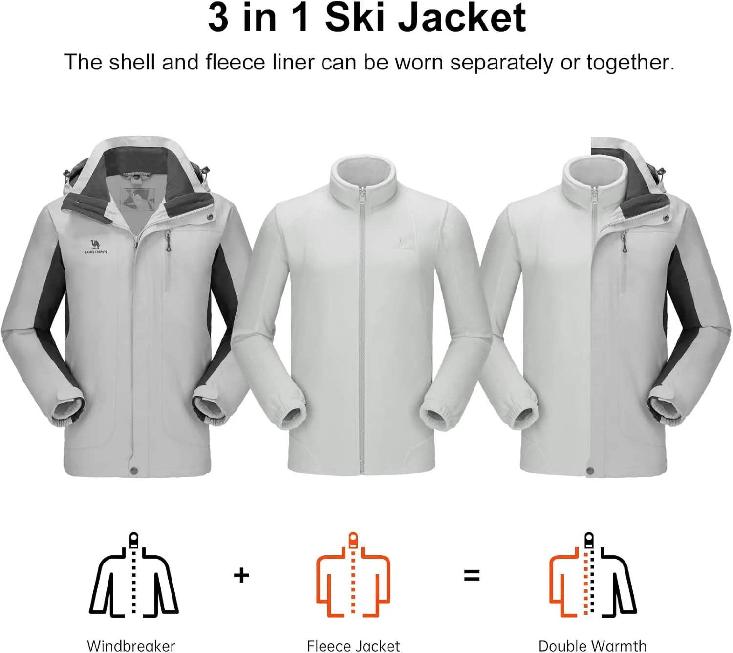 CAMEL CROWN Men's Ski Jacket 3 in 1 Waterproof Winter Jacket Snow Jacket Windproof Hooded with Inner Warm Fleece Coat