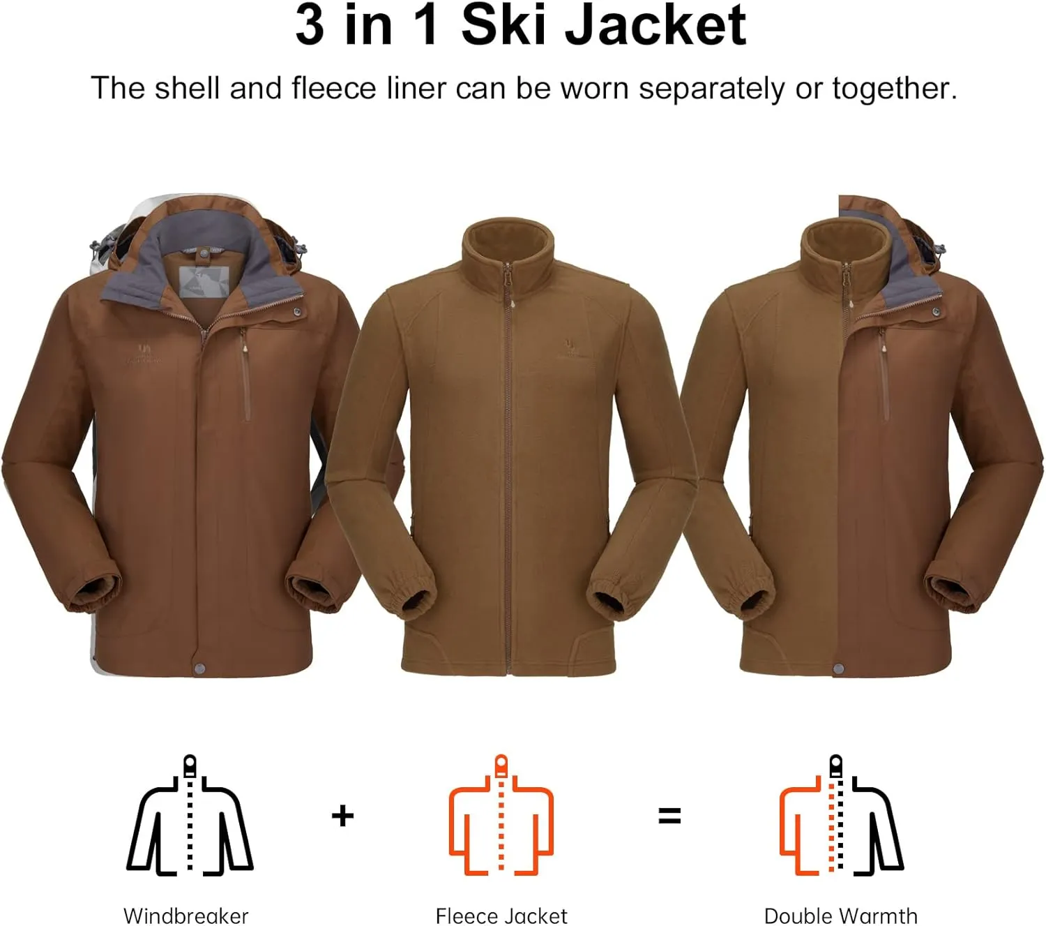 CAMEL CROWN Men's Ski Jacket 3 in 1 Waterproof Winter Jacket Snow Jacket Windproof Hooded with Inner Warm Fleece Coat