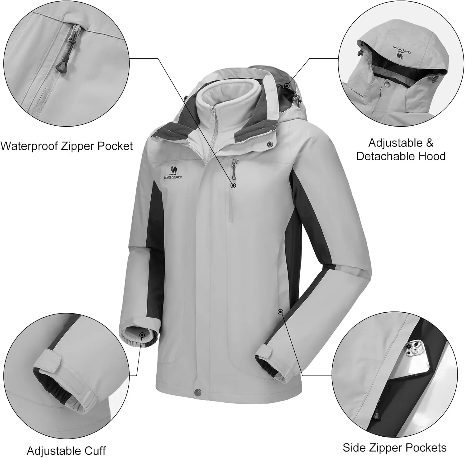 CAMEL CROWN Men's Ski Jacket 3 in 1 Waterproof Winter Jacket Snow Jacket Windproof Hooded with Inner Warm Fleece Coat