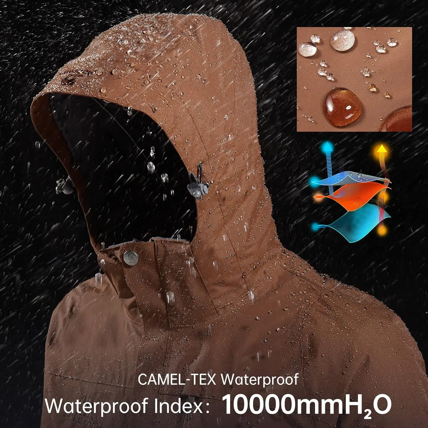 CAMEL CROWN Men's Ski Jacket 3 in 1 Waterproof Winter Jacket Snow Jacket Windproof Hooded with Inner Warm Fleece Coat