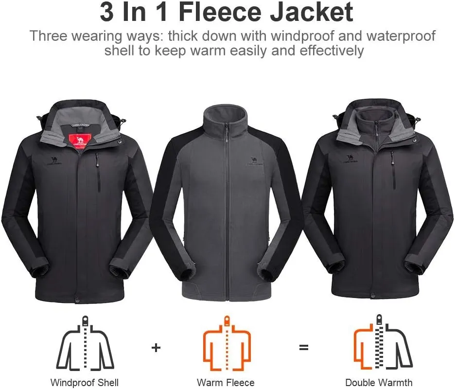 CAMEL CROWN Men's Ski Jacket 3 in 1 Waterproof Winter Jacket Snow Jacket Windproof Hooded with Inner Warm Fleece Coat