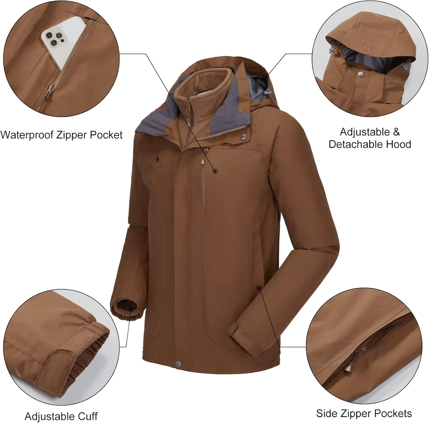 CAMEL CROWN Men's Ski Jacket 3 in 1 Waterproof Winter Jacket Snow Jacket Windproof Hooded with Inner Warm Fleece Coat