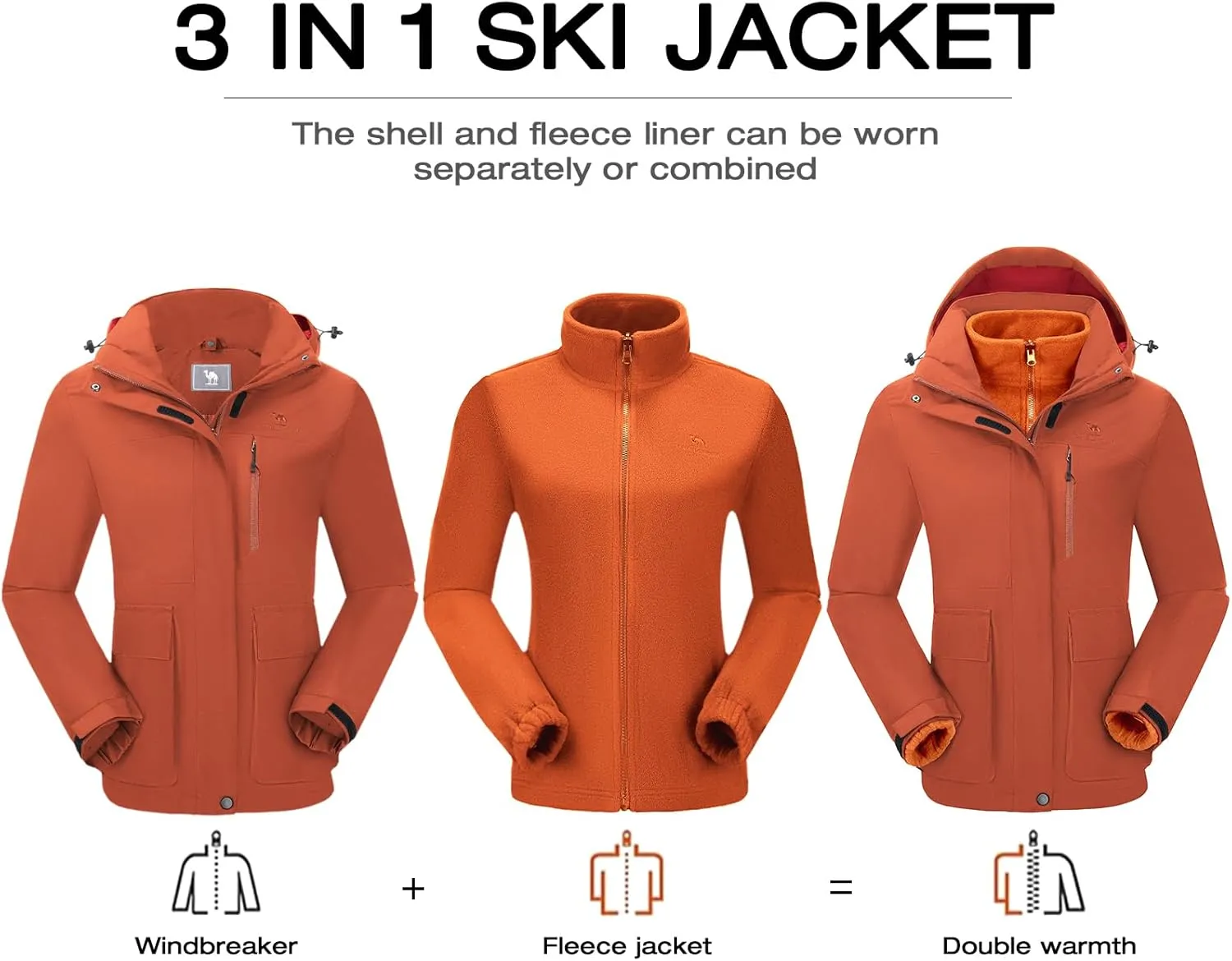 CAMELSPORTS Womens Ski Jackets Waterproof Fleece Snow Coat 3 in 1 Snowboarding Jackets Winter Warm Windbreaker Raincoat