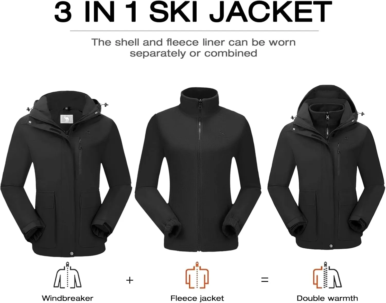 CAMELSPORTS Womens Ski Jackets Waterproof Fleece Snow Coat 3 in 1 Snowboarding Jackets Winter Warm Windbreaker Raincoat