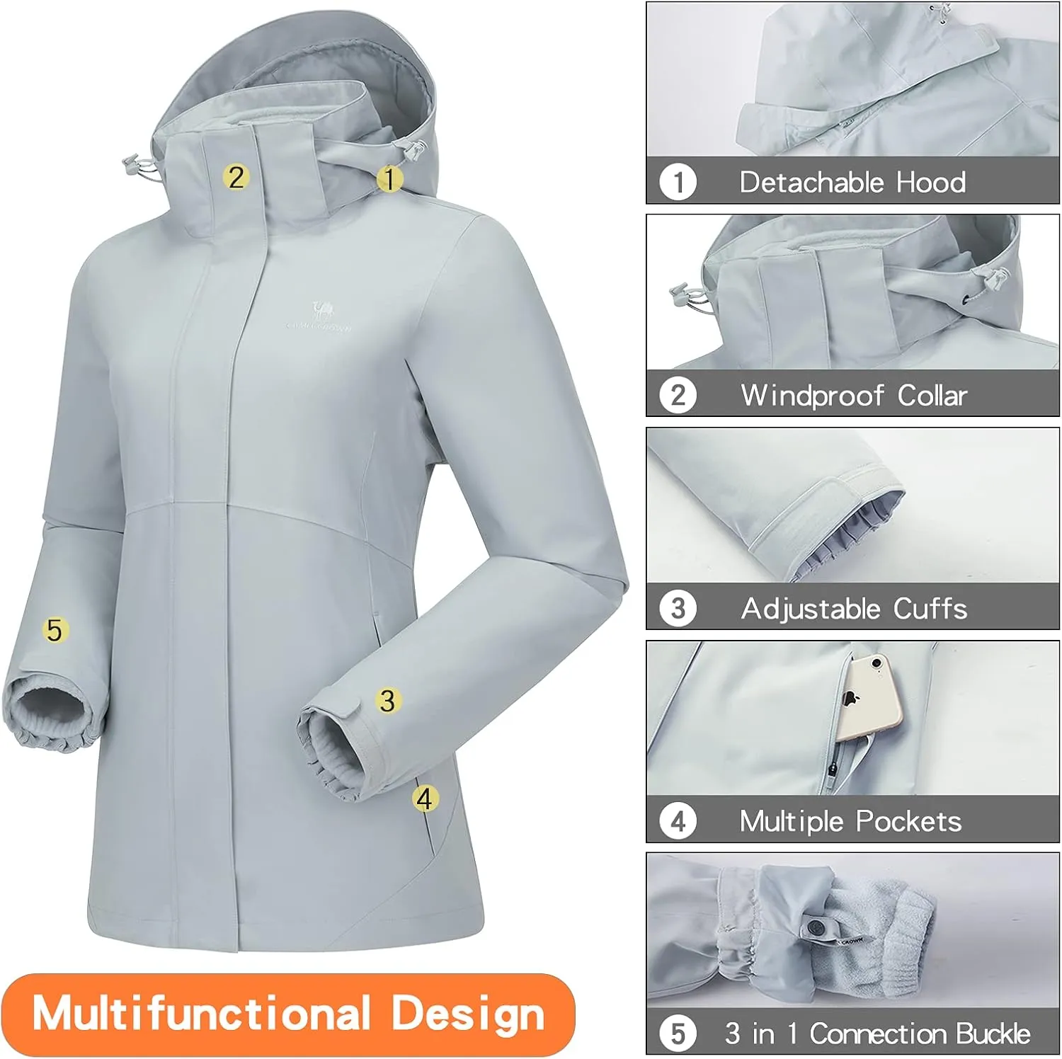CAMELSPORTS Womens Ski Jackets Waterproof Fleece Snow Coat 3 in 1 Snowboarding Jackets Winter Warm Windbreaker Raincoat