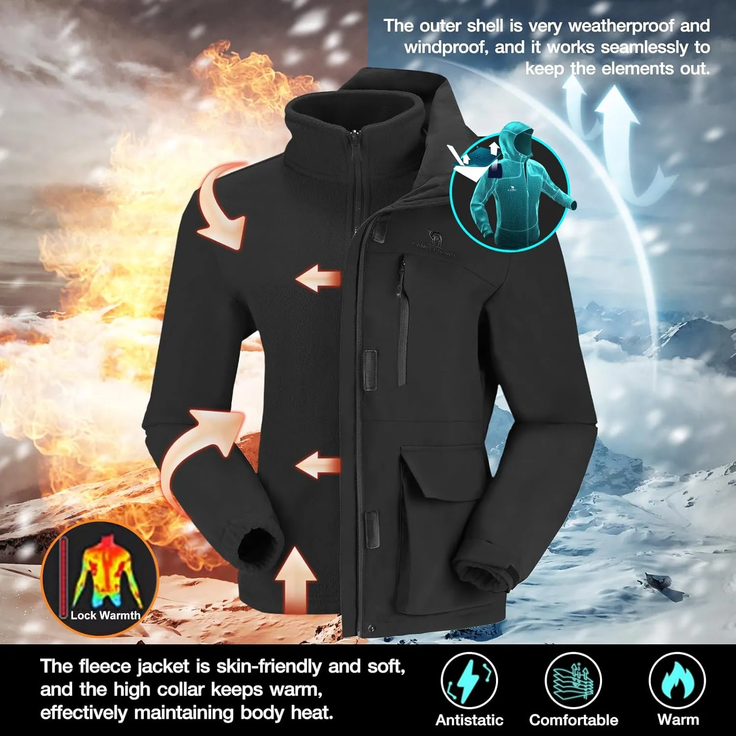 CAMELSPORTS Womens Ski Jackets Waterproof Fleece Snow Coat 3 in 1 Snowboarding Jackets Winter Warm Windbreaker Raincoat