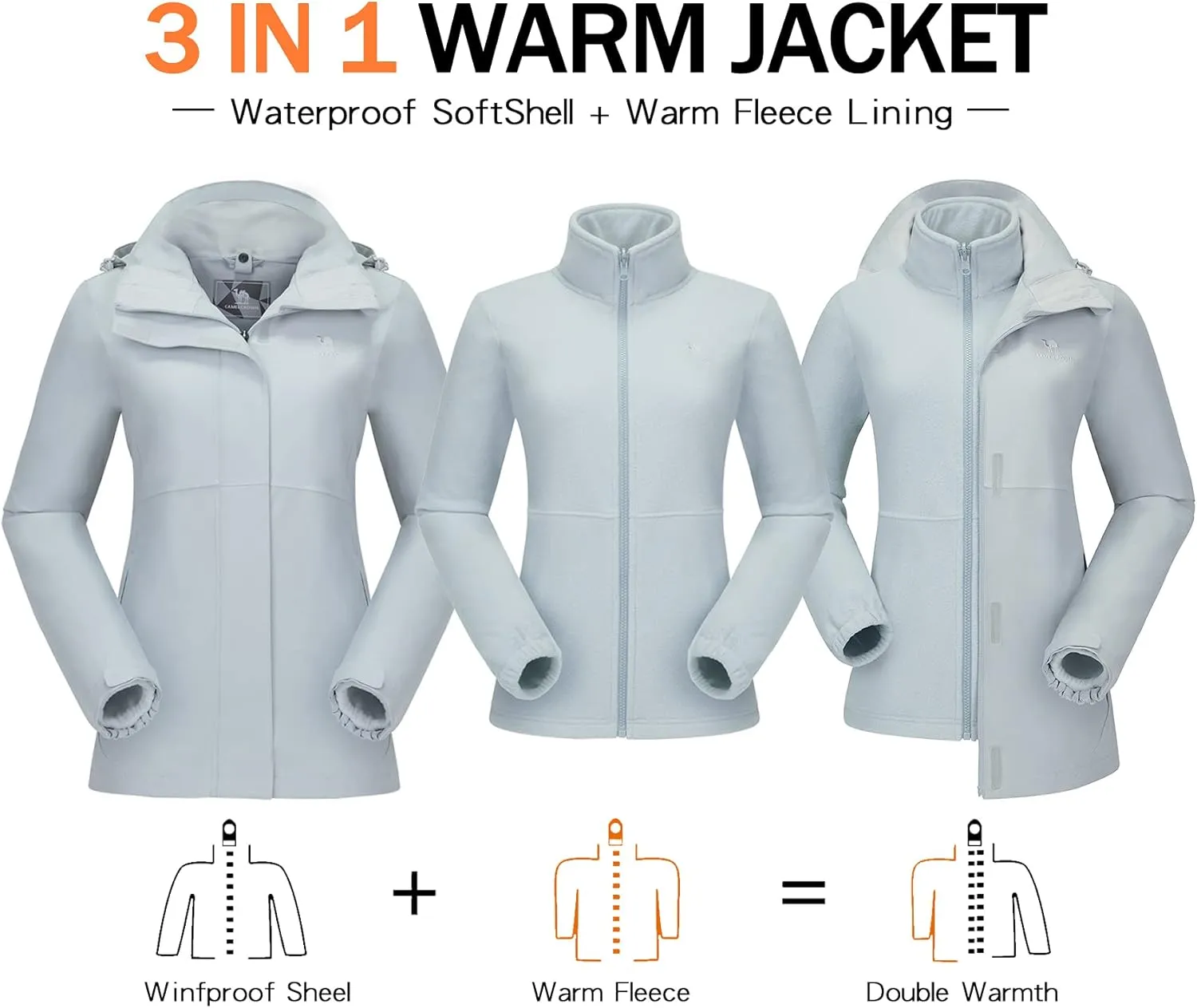 CAMELSPORTS Womens Ski Jackets Waterproof Fleece Snow Coat 3 in 1 Snowboarding Jackets Winter Warm Windbreaker Raincoat