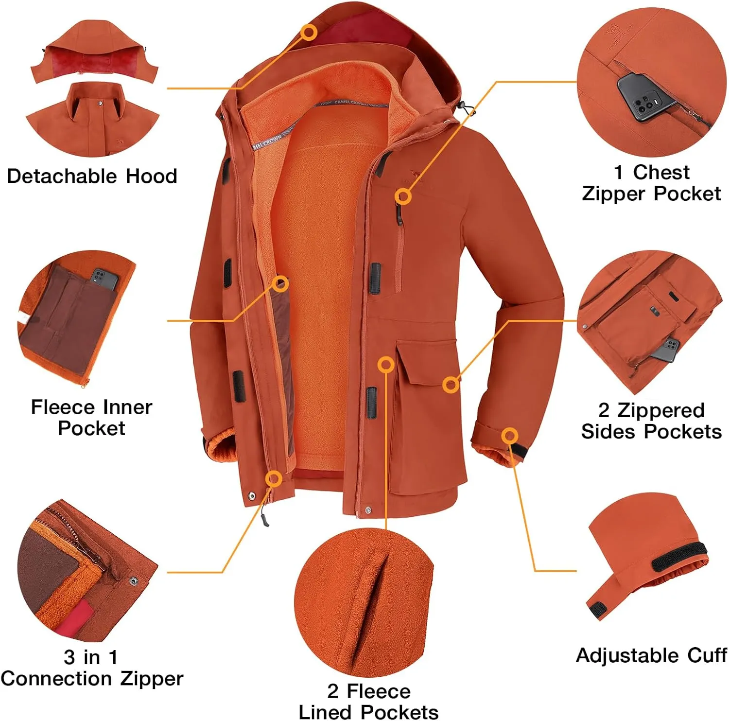 CAMELSPORTS Womens Ski Jackets Waterproof Fleece Snow Coat 3 in 1 Snowboarding Jackets Winter Warm Windbreaker Raincoat