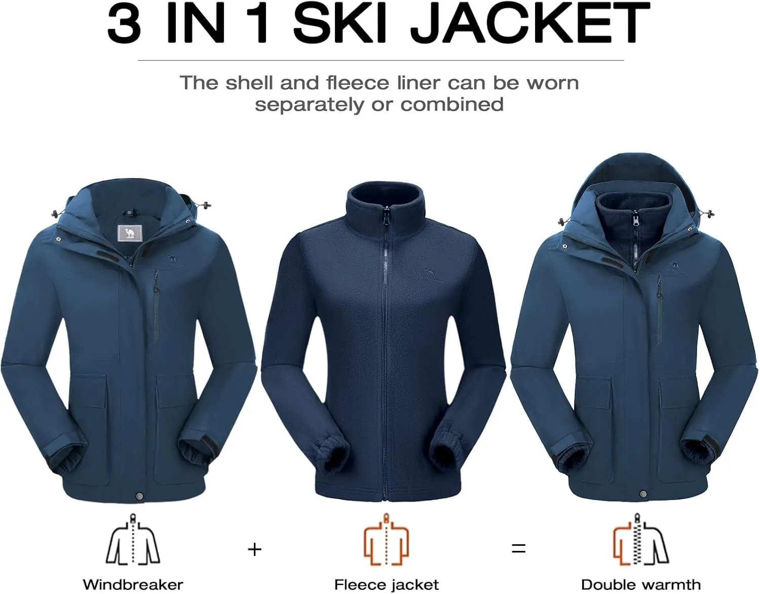 CAMELSPORTS Womens Ski Jackets Waterproof Fleece Snow Coat 3 in 1 Snowboarding Jackets Winter Warm Windbreaker Raincoat