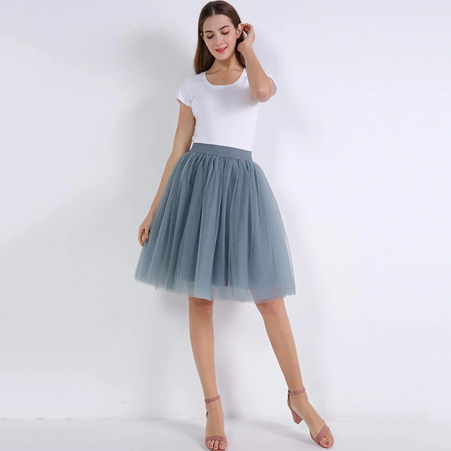 Carnevale New Women Tulle Skirts Knee Length Long Adult Tutu Layered Short Prom Party Midi Skirt High (Dark Gray, M)