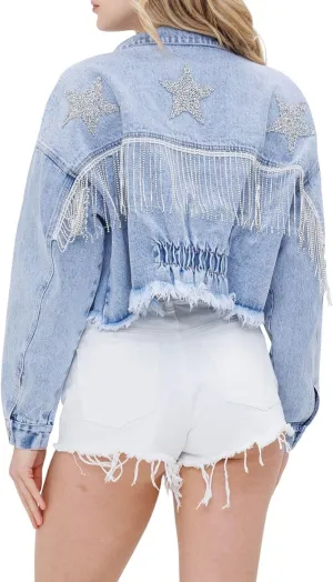CHARTOU Women Distressed Tassel Fringe Denim Jacket Cropped Jean Jacket Star Frayed Cowgirl Tinsel Jacket