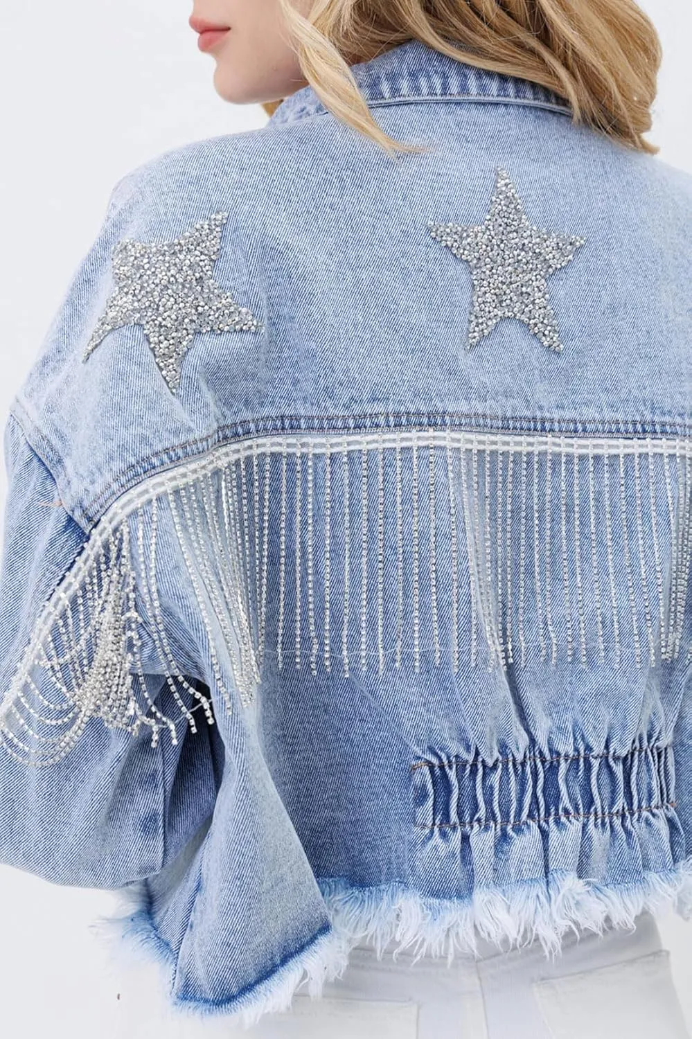 CHARTOU Women Distressed Tassel Fringe Denim Jacket Cropped Jean Jacket Star Frayed Cowgirl Tinsel Jacket