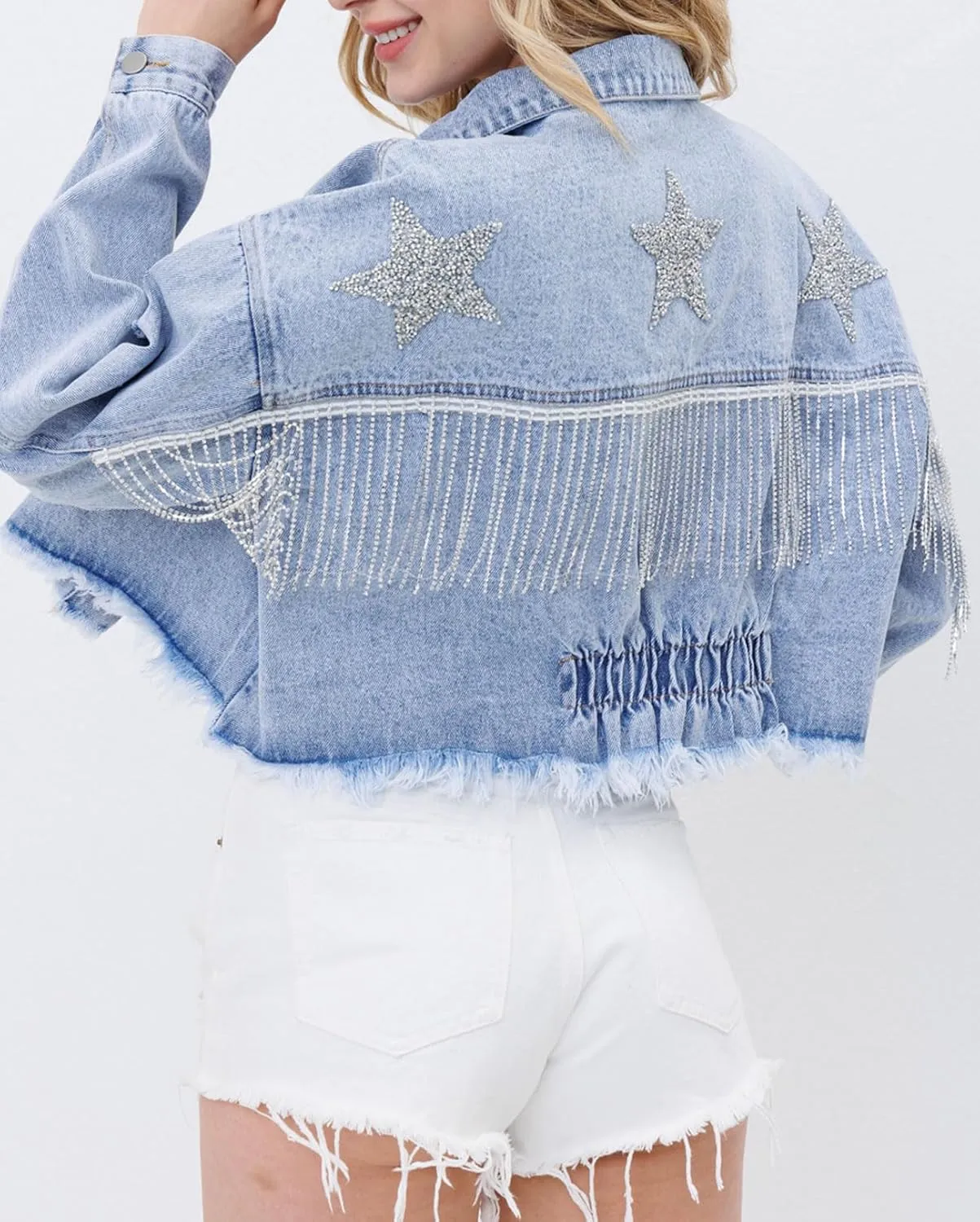 CHARTOU Women Distressed Tassel Fringe Denim Jacket Cropped Jean Jacket Star Frayed Cowgirl Tinsel Jacket