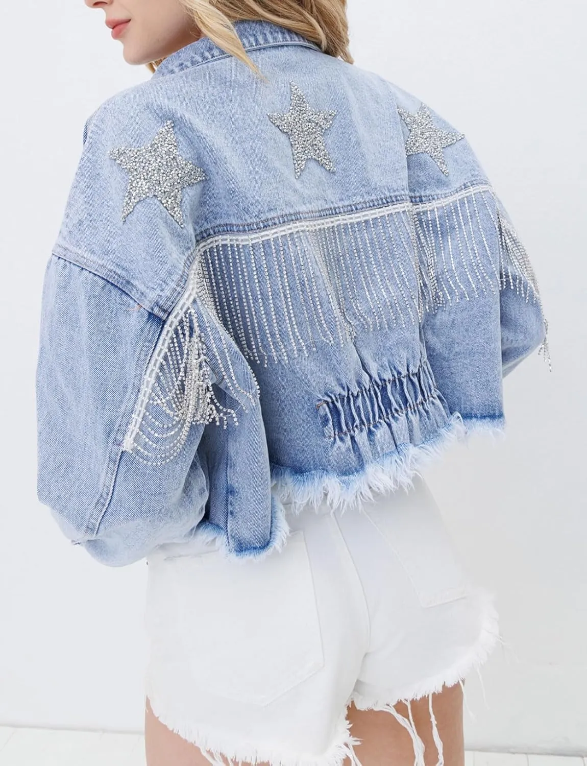 CHARTOU Women Distressed Tassel Fringe Denim Jacket Cropped Jean Jacket Star Frayed Cowgirl Tinsel Jacket