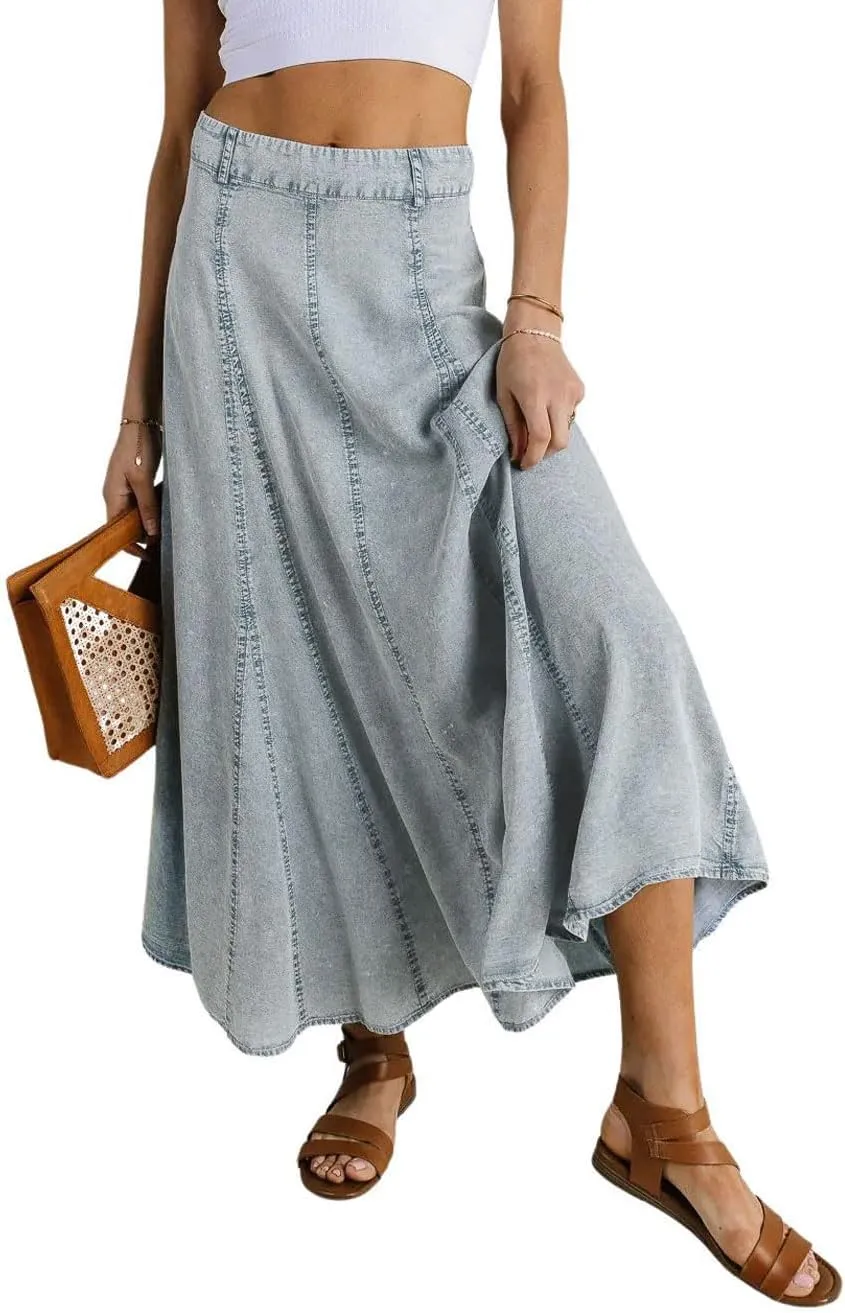CHARTOU Women Vintage Long Denim Skirt Flowy Big Hem Slouchy Washed Jean Skirt