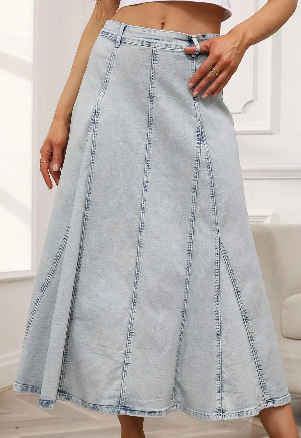CHARTOU Women Vintage Long Denim Skirt Flowy Big Hem Slouchy Washed Jean Skirt