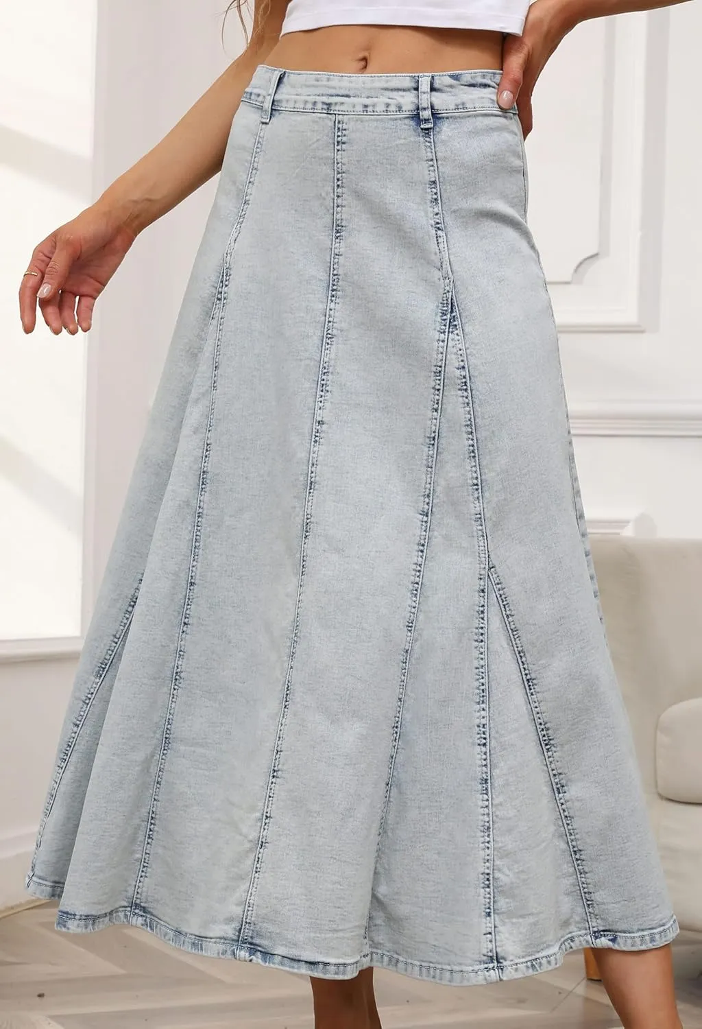 CHARTOU Women Vintage Long Denim Skirt Flowy Big Hem Slouchy Washed Jean Skirt