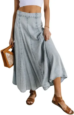 CHARTOU Women Vintage Long Denim Skirt Flowy Big Hem Slouchy Washed Jean Skirt