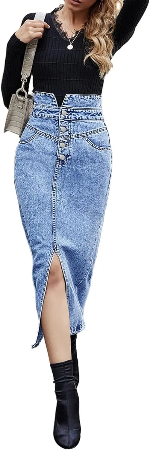 CHARTOU Women's Bodycon Jean Skirt High Waisted Front Slit Midi-Long Pencil Denim Skirt