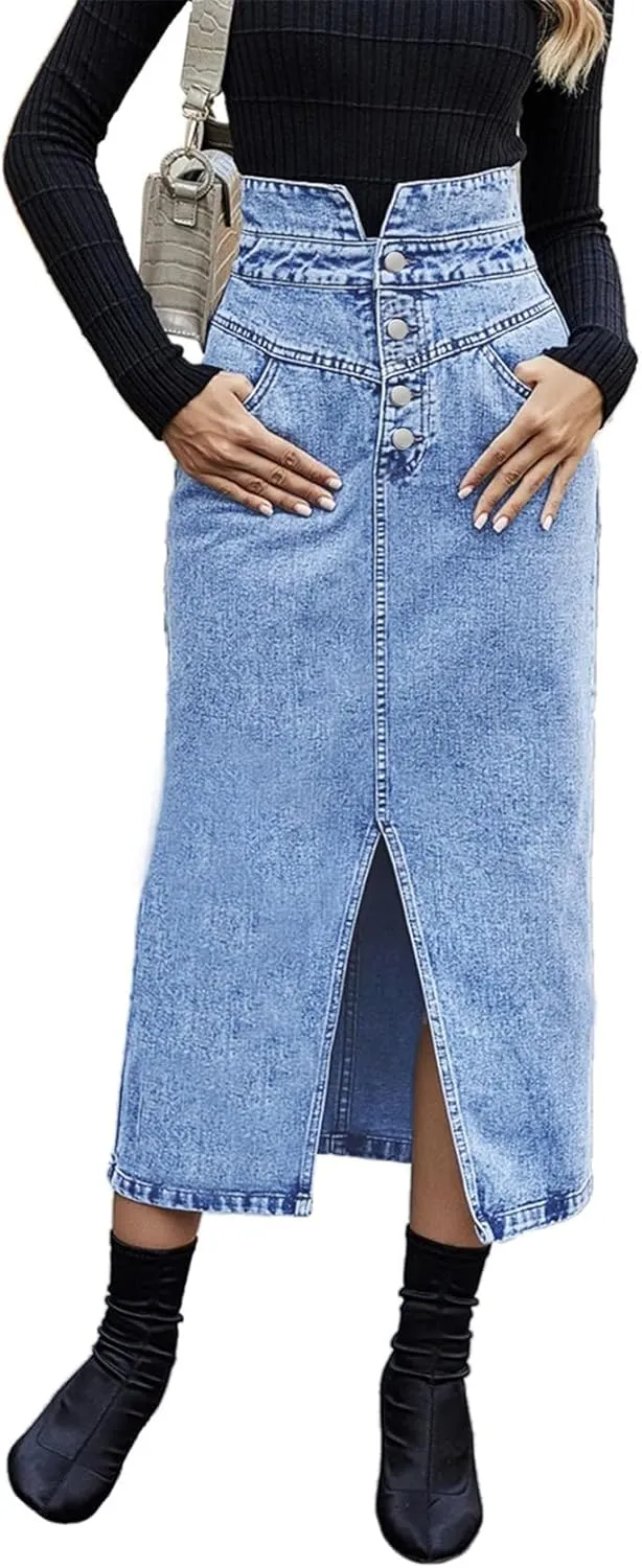 CHARTOU Women's Bodycon Jean Skirt High Waisted Front Slit Midi-Long Pencil Denim Skirt