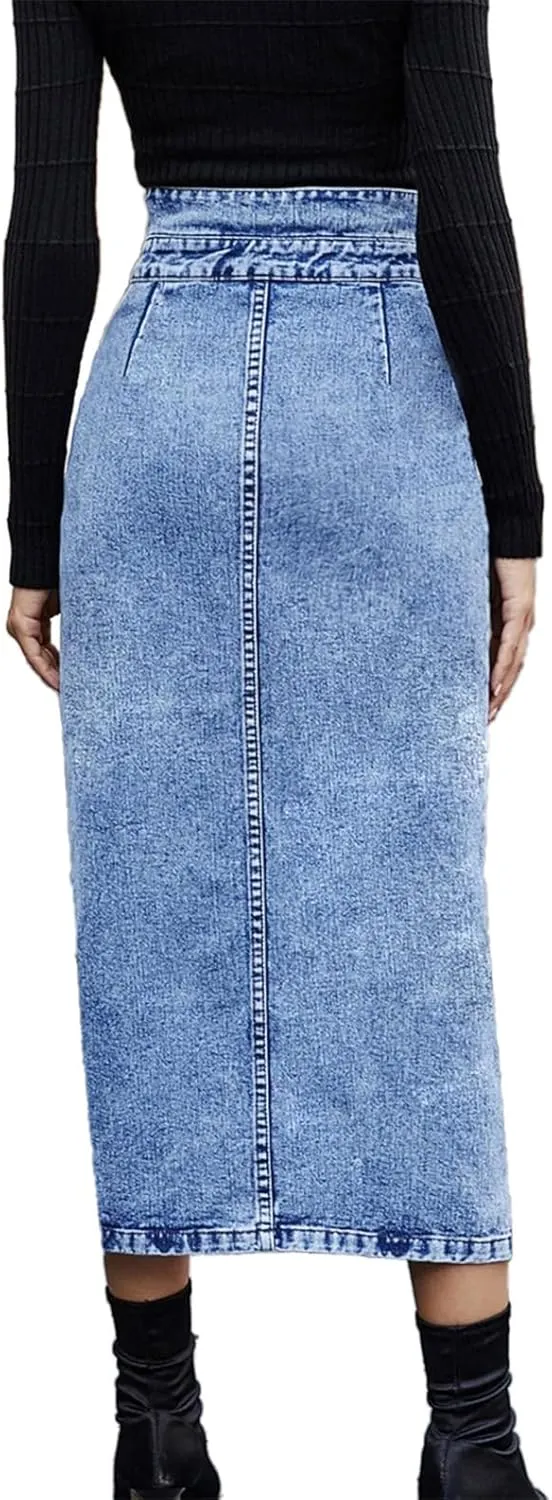CHARTOU Women's Bodycon Jean Skirt High Waisted Front Slit Midi-Long Pencil Denim Skirt