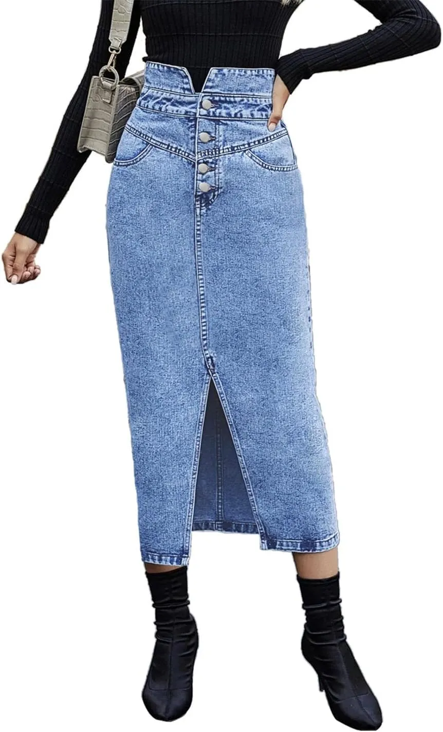 CHARTOU Women's Bodycon Jean Skirt High Waisted Front Slit Midi-Long Pencil Denim Skirt