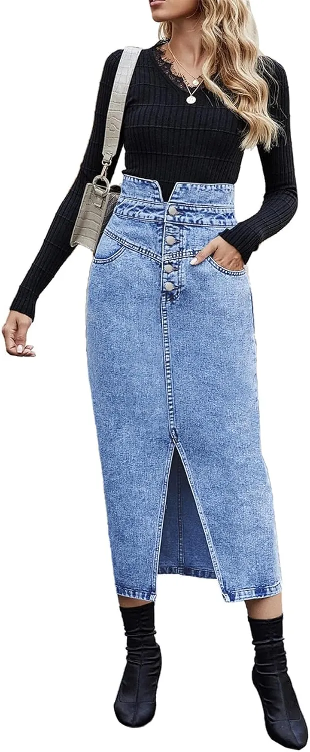 CHARTOU Women's Bodycon Jean Skirt High Waisted Front Slit Midi-Long Pencil Denim Skirt