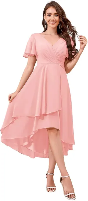 Chiffon Short Bridesmaid Dresses with Sleeves V Neck A Line Summer Tea Length Wedding Guest Dresses for Women