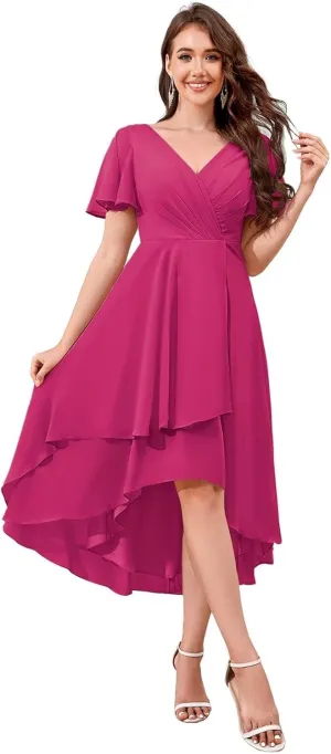 Chiffon Short Bridesmaid Dresses with Sleeves V Neck A Line Summer Tea Length Wedding Guest Dresses for Women