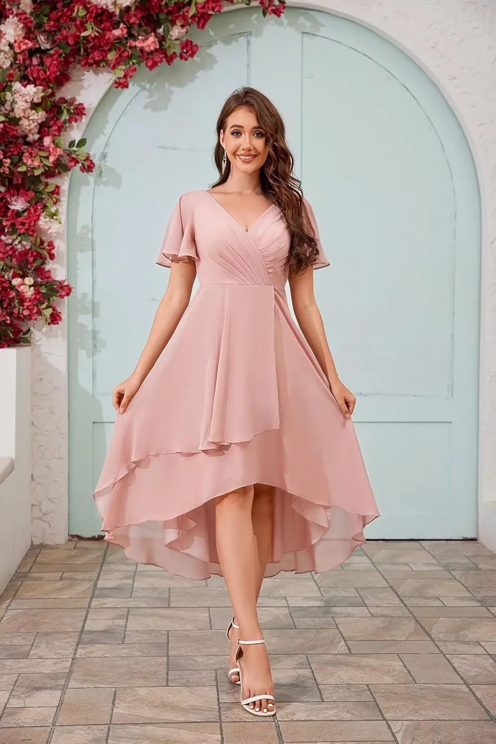 Chiffon Short Bridesmaid Dresses with Sleeves V Neck A Line Summer Tea Length Wedding Guest Dresses for Women