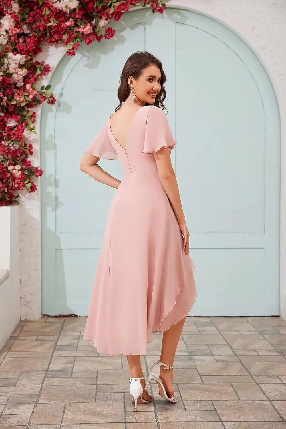 Chiffon Short Bridesmaid Dresses with Sleeves V Neck A Line Summer Tea Length Wedding Guest Dresses for Women