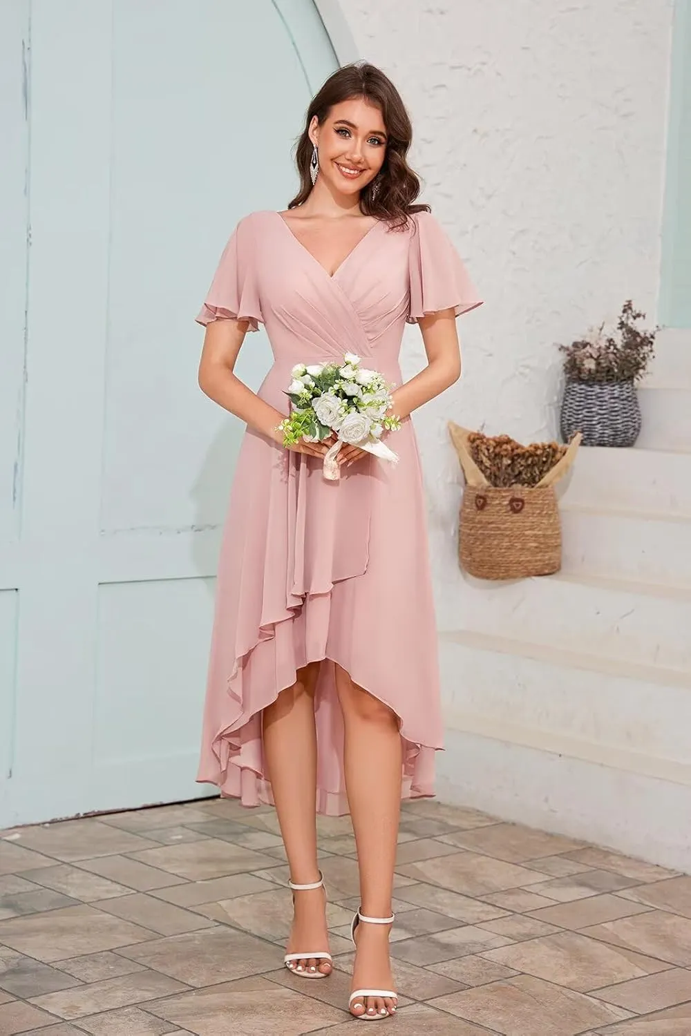 Chiffon Short Bridesmaid Dresses with Sleeves V Neck A Line Summer Tea Length Wedding Guest Dresses for Women