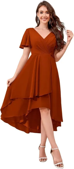 Chiffon Short Bridesmaid Dresses with Sleeves V Neck A Line Summer Tea Length Wedding Guest Dresses for Women