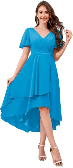 Chiffon Short Bridesmaid Dresses with Sleeves V Neck A Line Summer Tea Length Wedding Guest Dresses for Women