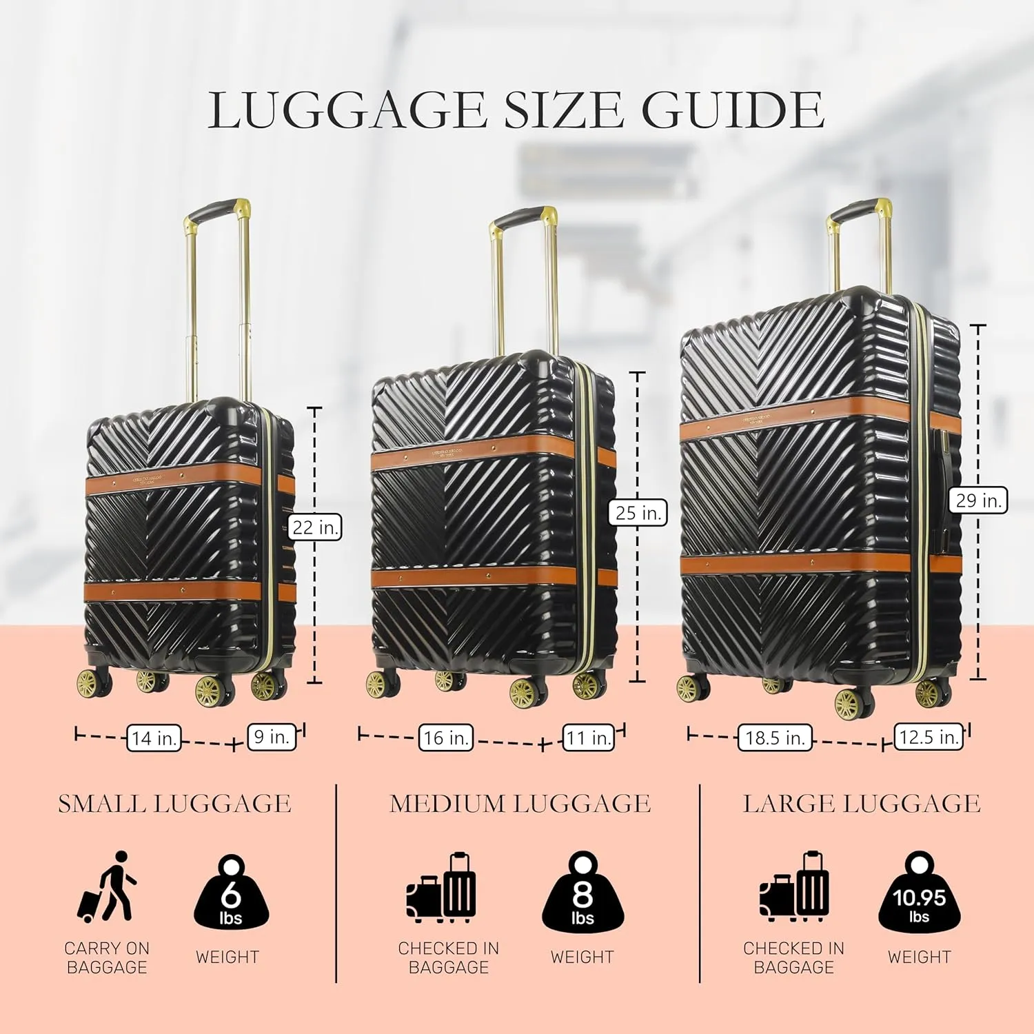 Concept One Christian Siriano New York 3 Piece Set Rolling Luggage, Stella Hardshell Suitcase with Spinner Wheels, 22, 25, and 29 Inch, Black