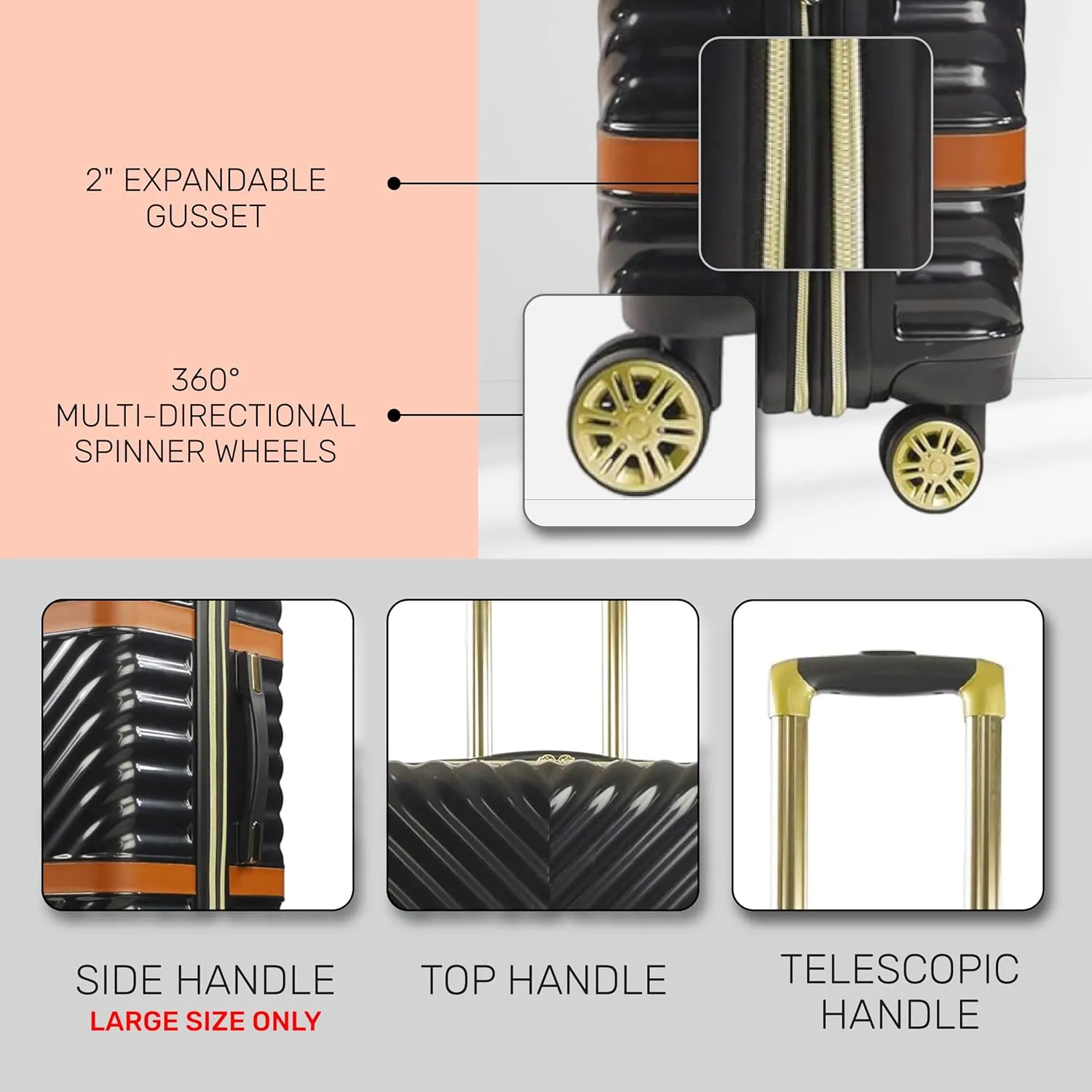 Concept One Christian Siriano New York 3 Piece Set Rolling Luggage, Stella Hardshell Suitcase with Spinner Wheels, 22, 25, and 29 Inch, Black