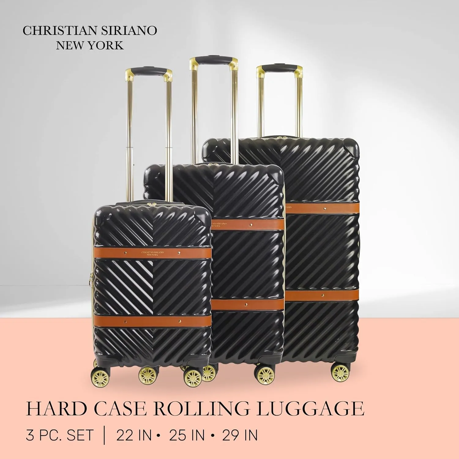 Concept One Christian Siriano New York 3 Piece Set Rolling Luggage, Stella Hardshell Suitcase with Spinner Wheels, 22, 25, and 29 Inch, Black