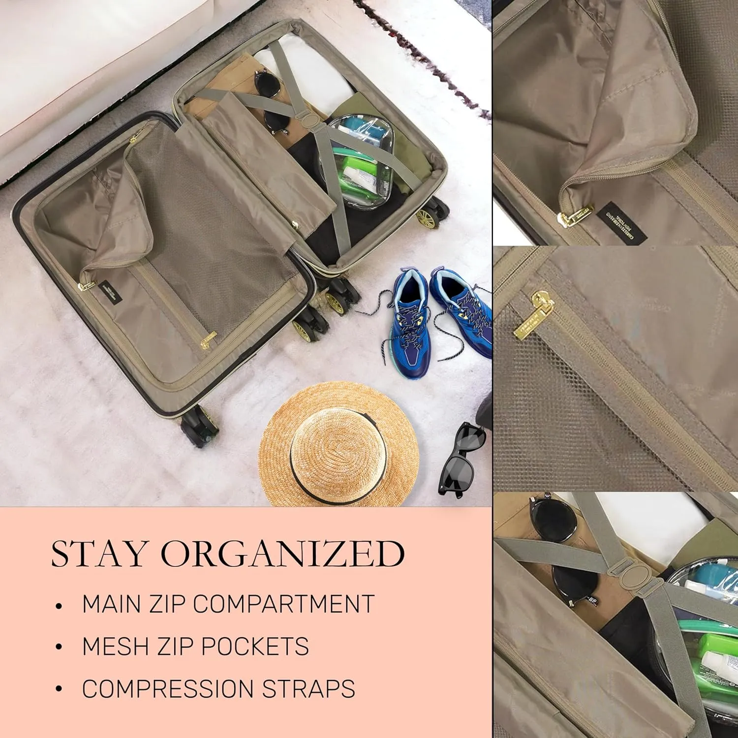 Concept One Christian Siriano New York 3 Piece Set Rolling Luggage, Stella Hardshell Suitcase with Spinner Wheels, 22, 25, and 29 Inch, Black